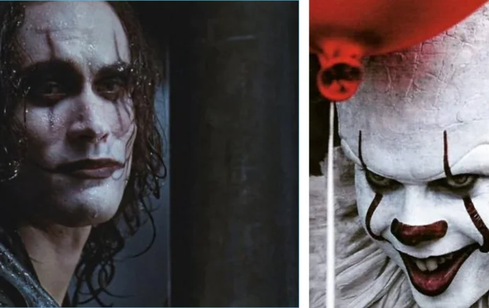 Porträt-Collage von Brandon Lee als Eric Draven & Bill Skarsgard als Pennywise mit ähnlichem Make-up