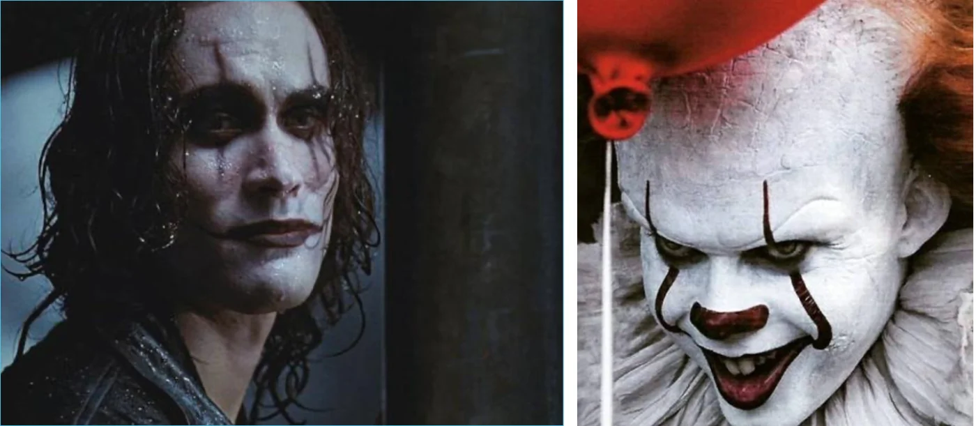 Porträt-Collage von Brandon Lee als Eric Draven & Bill Skarsgard als Pennywise mit ähnlichem Make-up