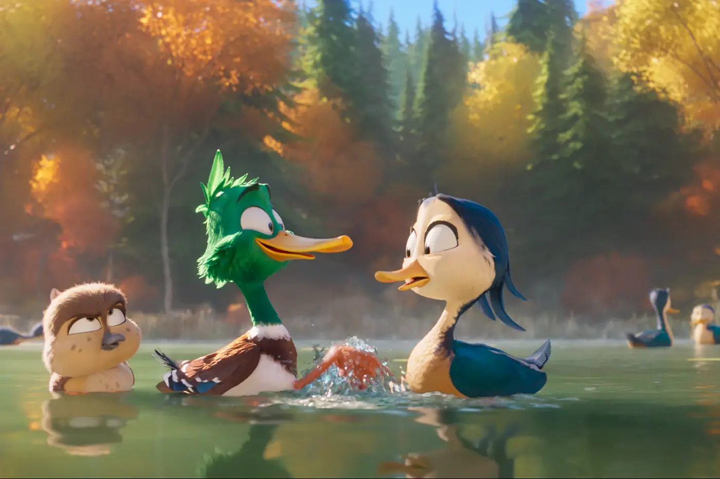 zwei animierte Enten treffen sich auf einem See, im Hintergrund sind Bäume mit orangeroten Blättern zu sehen