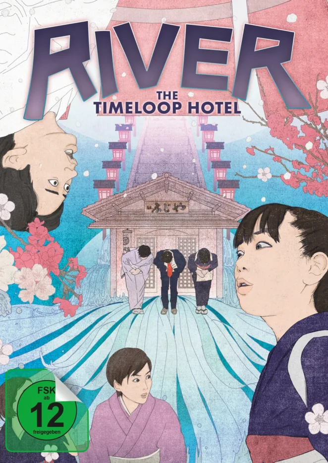 Mediabook-Cover des Films River - The Timeloop Hotel, farbenfrohes Artwork, welches die Hauptcharaktere, Kirschblütenbäume und den Weg zu einem Tempel zeigt