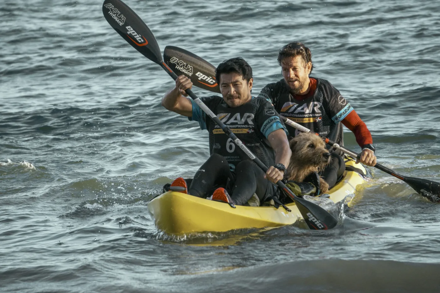 zwei Männer rudern in einem schmalen Boot auf dem Meer, zwischen ihnen sitzt ein Hund