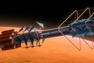 im Orbit des Mars manövriert eine längliche, futuristische Raumstation mit Auschrift: "Mars Express"