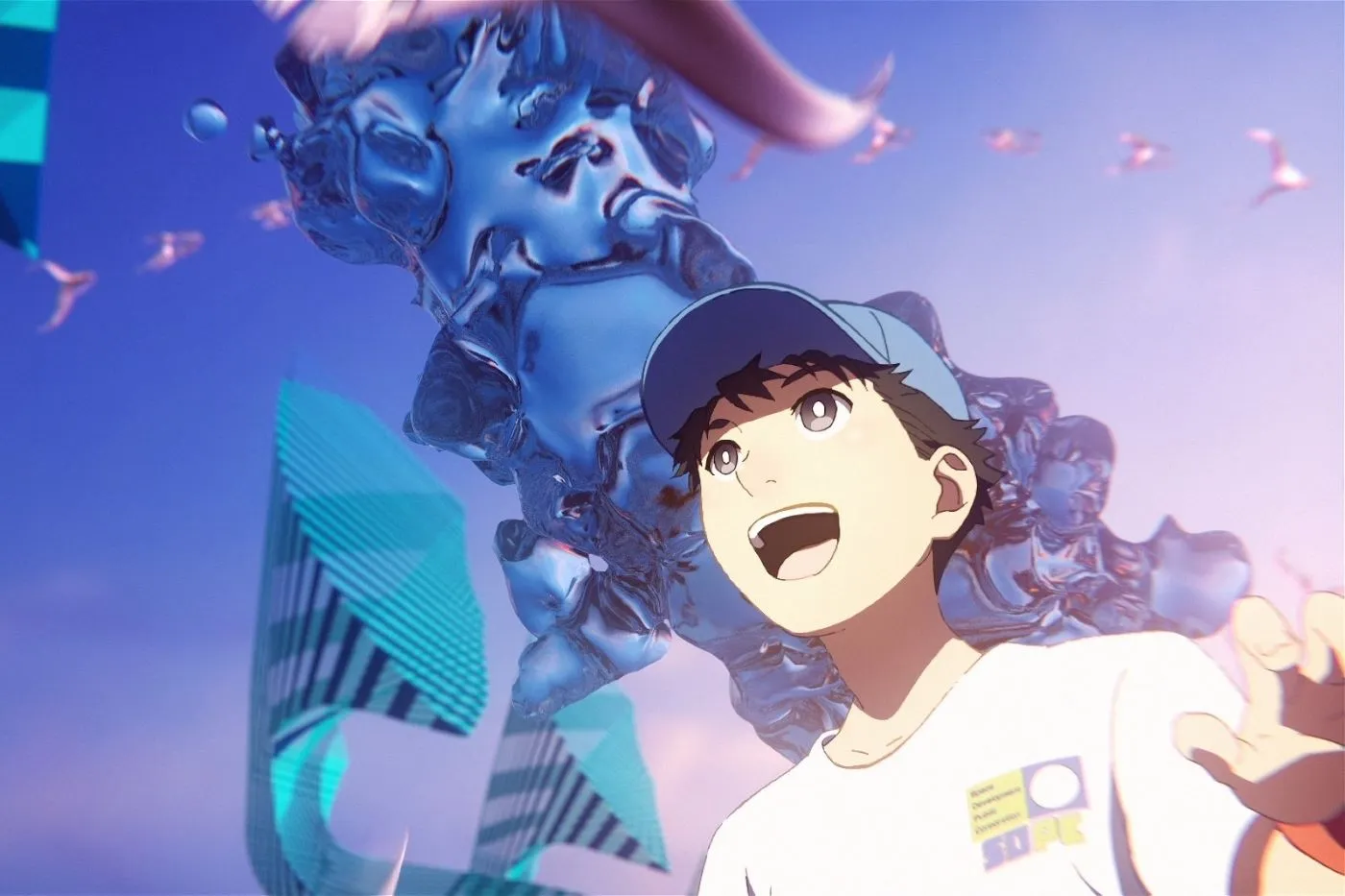 ein Junge mit blauer Cap und weißem T-Shirt reißt den Mund auf, hinter ihm baut sich eine riesige, wasserartige Masse auf