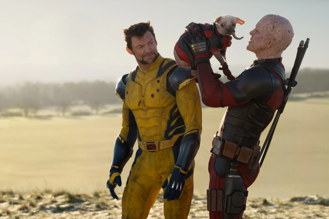 eine kahle Landschaft, Deadpool und Wolverine laufen nebeneinander, Deadpool, der seine Maske abgesetzt und sein verbranntes Gesicht offenbart, hält mit beiden Händen einen kleinen Hund im Deadpool-Outfit und mit langer Zunge in die Höhe