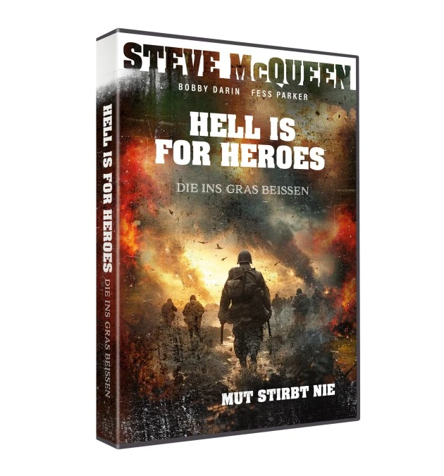 DVD-Cover, ganz oben steht in Großbuchstaben STEVE McQUEEN, darunter BOBBY DARIN und FESS PARKER, es folgt der Titel HELL IS FOR HEROES mit dem deutschen Untertitel DIE INS GRAS BEISSEN, darunter ein rauchübersätes Schlachtfeld mit bewaffneten Soldaten, in der unteren rechten Ecke steht MUT STIRBT NIE geschrieben