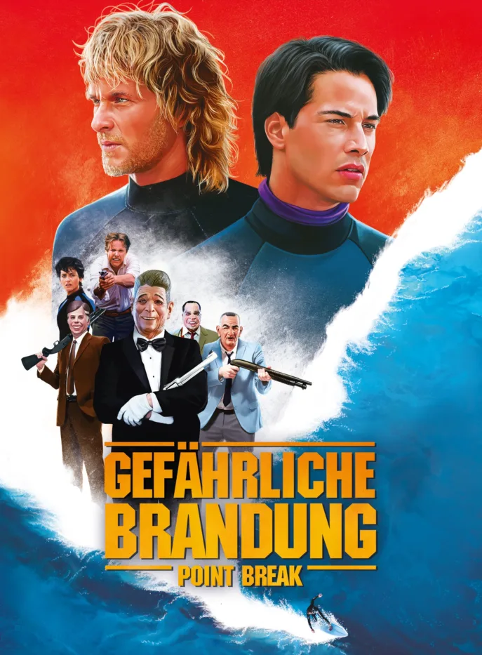 Cover des Films Gefährliche Brandung, zu sehen sind die Köpfe der beiden Protagonistinnen in einem gezeichneten Stil, darunter eine Handvoll weiterer Figuren, die bewaffnet sind, Meeresgischt trennt die obere von der unteren Bildhälfte, in gelben Lettern steht geschrieben: GEFÄHRLICHE BRANDUNG - POINT BREAK