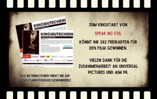 Verlosungsgrafik für ein Gewinnspiel für 3x2 Freikarten zum Kinofilm Speak No Evil