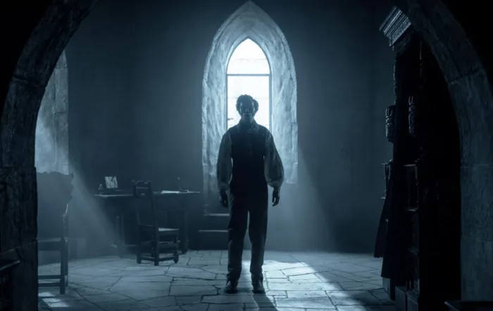 in einem dunklen Gemäuer steht ein Mann mit dem Rücken zu einem ellipsenförmigen Fenster
