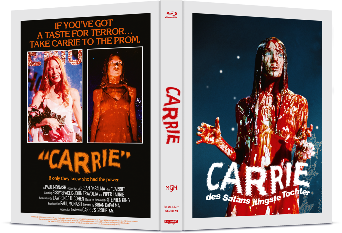 aufgeklapptes Cover des Mediabooks zu Carrie - Des Satans jüngste Tochter, links ist die Rückseite des Mediabooks zu sehen mit der Aufschrift: "IF YOU'VE GOT A TASTE FOR TERROR... TAKE CARRIE TO THE PROM, darunter zwei Bilder aus dem Film sowie Filmtitel und Cast und Crew, rechts die Vorderseite des Covers, auf dem eine blutverschmierte Carrie und der Titel des Films zu sehen ist