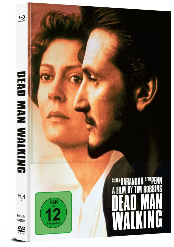 Mediabook-Cover des Films DEAD MAN WALKING, das Gesicht eines Mannes überlagert das Gesicht einer Frau von der Seite, unten rechts steht in weißen Lettern der Titel des Films sowie der Name der Schauspieler Susan Sarandon und Sean Penn, links ist das grüne FSK 12-Logo abgebildet