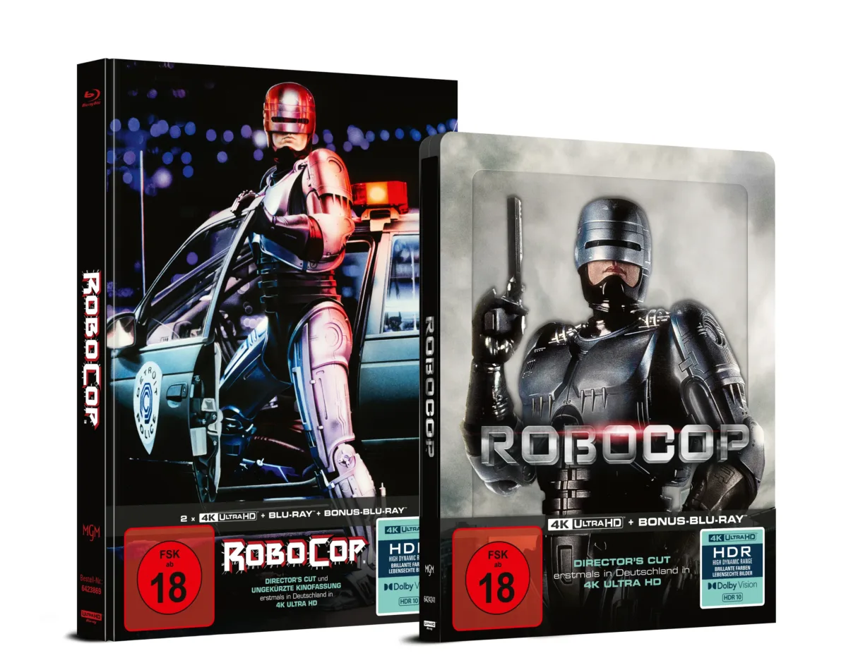 Abbildung des Mediabooks und Steelbooks zu "Robocop", beide Cover ziert eine Aufnahme eines bewaffneten Kampfroboters und das rote FSK 18-Logo