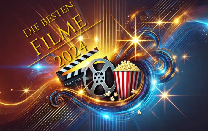 KI generiertes Titelbild für die besten Filme aller Zeiten. Knallig bunt, mit Popcorntüte, Filmklappe und Filmrolle.