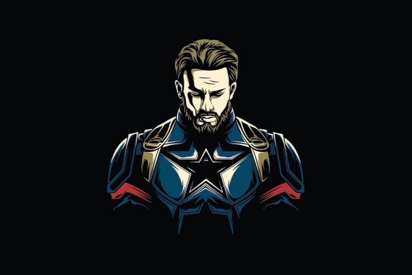 Zeichnung von Captain America mit gesenkten Kopf vor schwarzem Hintergrund