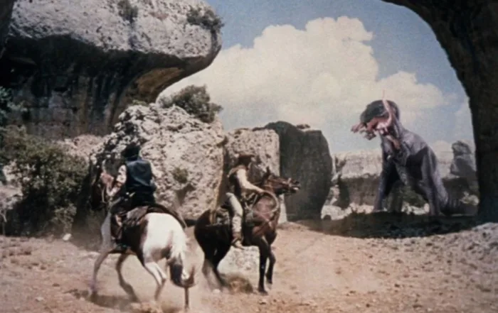 Konfrontation von reitenden Cowboys mit einem Dinosaurier