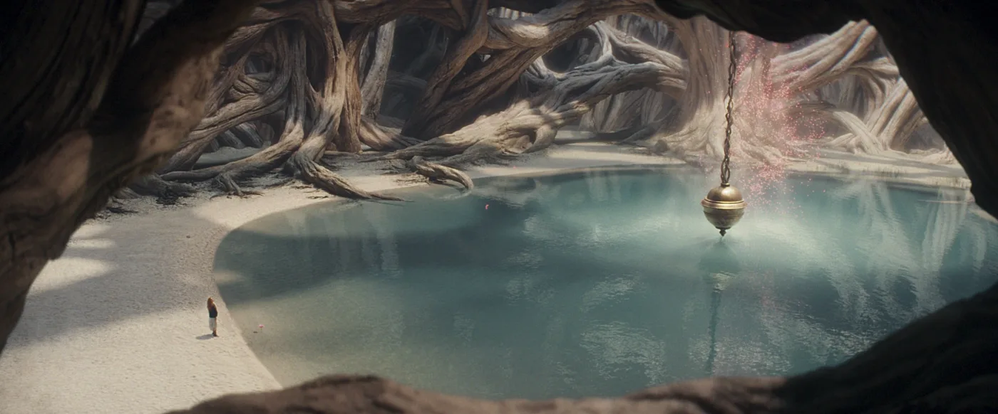 Ein kleiner Mensch steht am Ufer eines kreisrunden, ruhigen Sees, der von großen, verworrenen Baumwurzeln umgeben ist. Die Wurzeln bilden einen natürlichen Rahmen um den See und ragen teils über das Wasser. Über dem See hängt an einer Kette ein Pendel mit einer runden, goldfarbenen Kugel. [erstellt mit KI]