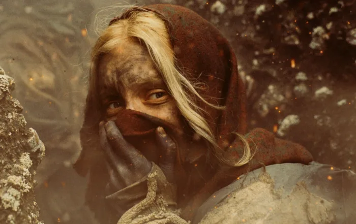 Eine Person mit blonden Haaren trägt eine braune Kapuze und hält sich mit ihrer behandschuhten Hand ein Tuch vor den Mond. Im Hintergrund sind dunkle, rauchige Partikel sichtbar. [erstellt mit KI]