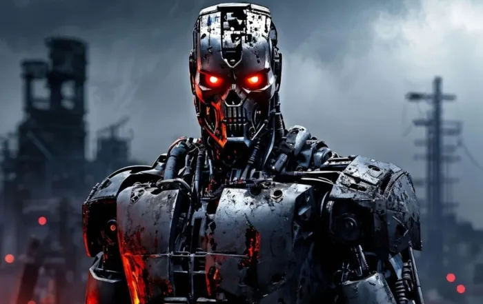 Ein humanoider Roboter mit metallischem, abgenutztem und teilweise beschädigtem Körper steht vor einer düsteren, industriellen Kulisse. Seine Augen leuchten rot, und sein Gesicht zeigt eine skelettartige Struktur mit sichtbaren mechanischen Details. Im Hintergrund sind unscharfe Industrieanlagen und mehrere rote Lichtpunkte zu erkennen. [erstellt mit KI]