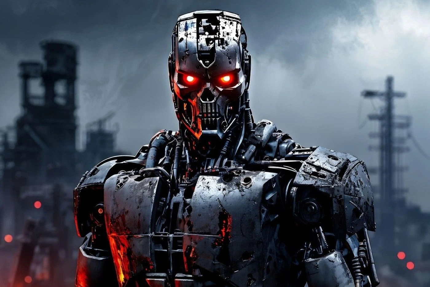 Ein humanoider Roboter mit metallischem, abgenutztem und teilweise beschädigtem Körper steht vor einer düsteren, industriellen Kulisse. Seine Augen leuchten rot, und sein Gesicht zeigt eine skelettartige Struktur mit sichtbaren mechanischen Details. Im Hintergrund sind unscharfe Industrieanlagen und mehrere rote Lichtpunkte zu erkennen. [erstellt mit KI]