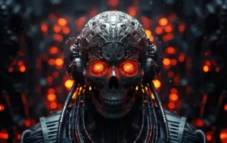 Ein humanoider Roboter mit einem komplexen, metallischen Kopf, der aus zahlreichen miteinander verbundenen mechanischen Teilen und Kabeln besteht. Der Roboter trägt große, runde Kopfhörer, und mehrere dicke Kabel verlaufen von seinem Kopf zu seinem Körper. [erstellt mit KI]