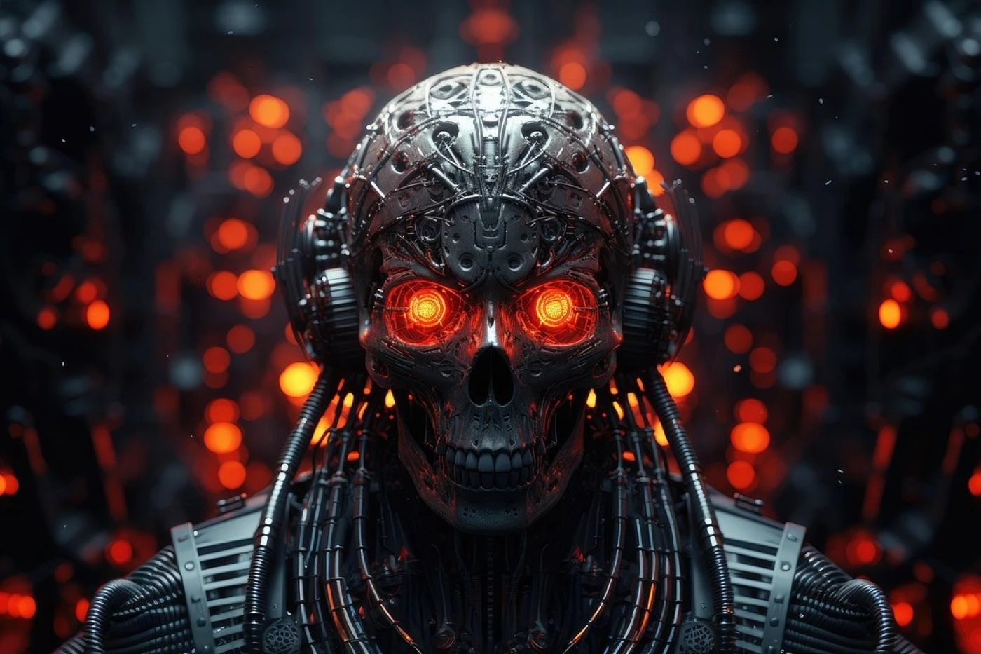 Ein humanoider Roboter mit einem komplexen, metallischen Kopf, der aus zahlreichen miteinander verbundenen mechanischen Teilen und Kabeln besteht. Der Roboter trägt große, runde Kopfhörer, und mehrere dicke Kabel verlaufen von seinem Kopf zu seinem Körper. [erstellt mit KI]