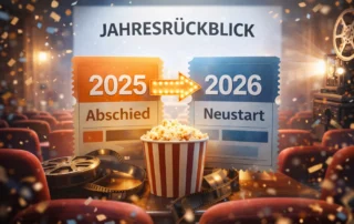 Illustration eines Kinosaals mit Popcorn, Filmrollen und zwei Kinotickets, die den Übergang von 2025 zu 2026 symbolisieren, überschrieben mit dem Begriff Jahresrückblick.