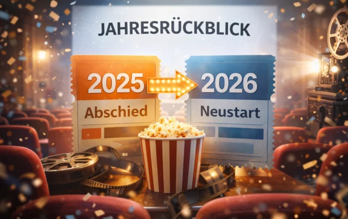 Illustration eines Kinosaals mit Popcorn, Filmrollen und zwei Kinotickets, die den Übergang von 2025 zu 2026 symbolisieren, überschrieben mit dem Begriff Jahresrückblick.