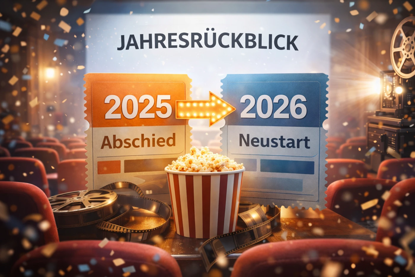 Illustration eines Kinosaals mit Popcorn, Filmrollen und zwei Kinotickets, die den Übergang von 2025 zu 2026 symbolisieren, überschrieben mit dem Begriff Jahresrückblick.