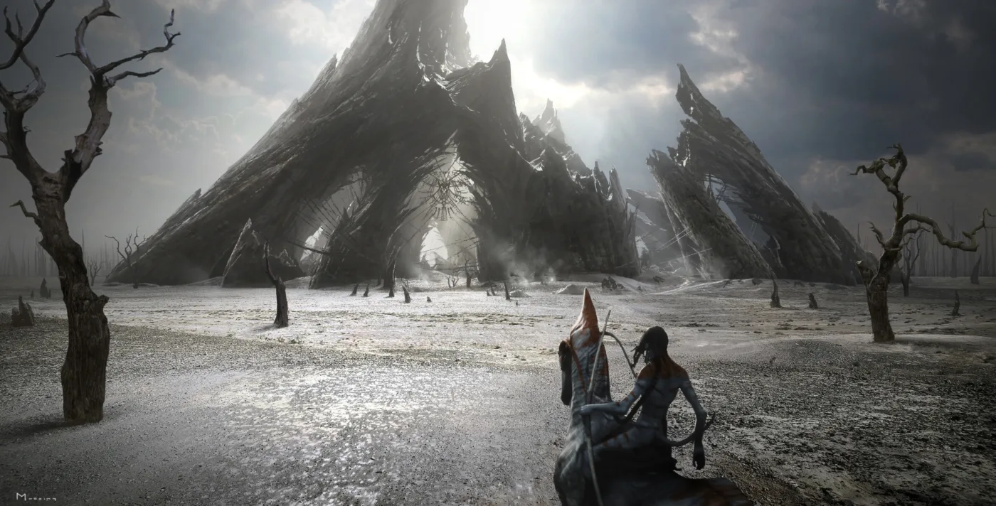 Eine düstere, karge Landschaft mit toten, knorrigen Bäumen auf einem hellen, sandigen oder staubigen Boden. Im Hintergrund ragen mehrere spitze, zerklüftete Felsformationen oder Berge auf, die eine Art Tor oder Durchgang bilden. Im Vordergrund sitzen zwei Personen auf einem Pferd, die in Richtung der Felsformationen blicken. Der Himmel ist bewölkt. [erstellt mit KI]