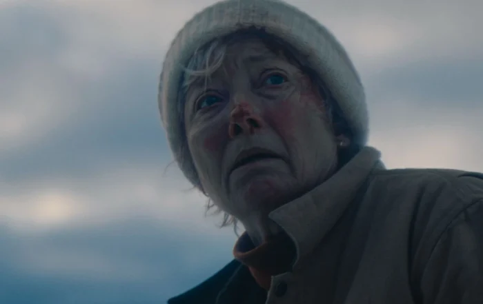 Eine Person trägt eine helle Strickmütze und eine Jacke mit Kragen. Der Hintergrund zeigt einen wolkenverhangenen Himmel mit gedämpften Farben. [erstellt mit KI]