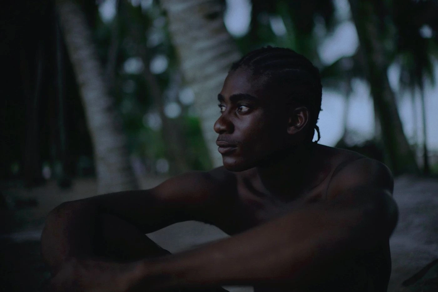 Szenenbild des Films Paradise: Eine Person mit geflochtenen Haaren sitzt im Halbdunkel unter Palmen. Die Arme sind locker um die Knie gelegt. Im Hintergrund sind unscharfe Palmenstämme und diffuse Lichtverhältnisse zu erkennen. [erstellt mit KI]