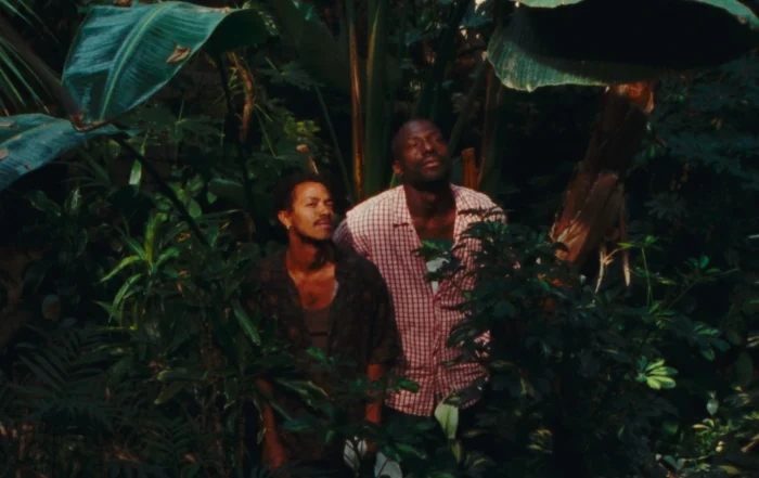 Szenenbild aus Taxi Moto: Zwei Personen stehen inmitten dichter, tropischer Vegetation. Große, grüne Blätter und verschiedene Pflanzen umgeben sie. Die Kleidung ist gemustert und in gedeckten Farben gehalten. Das Licht fällt durch das Blätterdach und erzeugt Schatten auf den Pflanzen und den Personen. [erstellt mit KI]