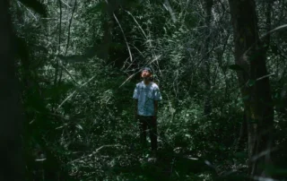 Szenenbild von Incident on the Mountain: Eine Person mit hellem, kurzärmligem Hemd steht aufrecht in einem dichten, schattigen Wald. Sonnenlicht fällt stellenweise durch das Blätterdach und erzeugt helle Flecken auf dem Boden und der Kleidung. Im Hintergrund sind zahlreiche Äste und Blätter zu sehen, die eine verwachsene, natürliche Umgebung bilden. [erstellt mit KI]