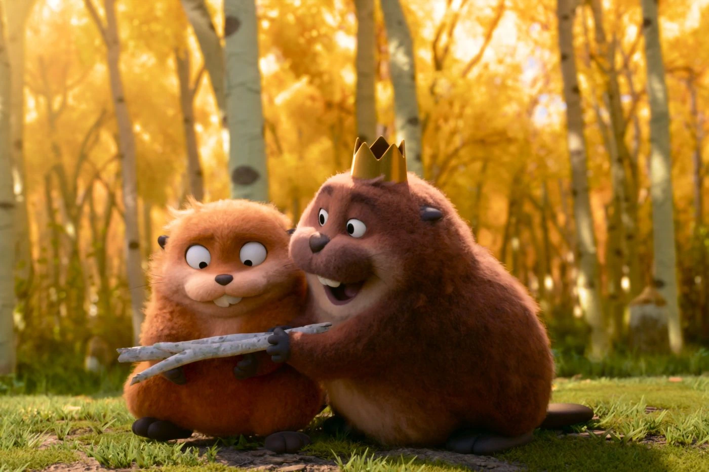 Szenenbild aus Hoppers: Zwei animierte Biber sitzen auf dem Waldboden und halten weiße Stöcke in den Händen.