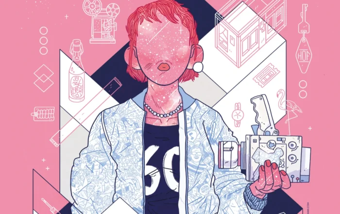 Plakat der 60. Hofer Filmtage: Im Mittelpunkt steht eine stilisierte Person mit kurzen, roten Haaren und ohne erkennbare Gesichtszüge. Sie trägt eine helle Jacke mit Muster, eine Perlenkette und ein schwarzes T-Shirt mit der weißen Zahl '60'. In der rechten Hand hält sie eine Filmkamera, in der linken eine Filmrolle. Der Hintergrund ist rosa und mit weißen, geometrischen Linienzeichnungen von Filmtechnik, Gebäuden und Symbolen gestaltet. [erstellt mit KI]
