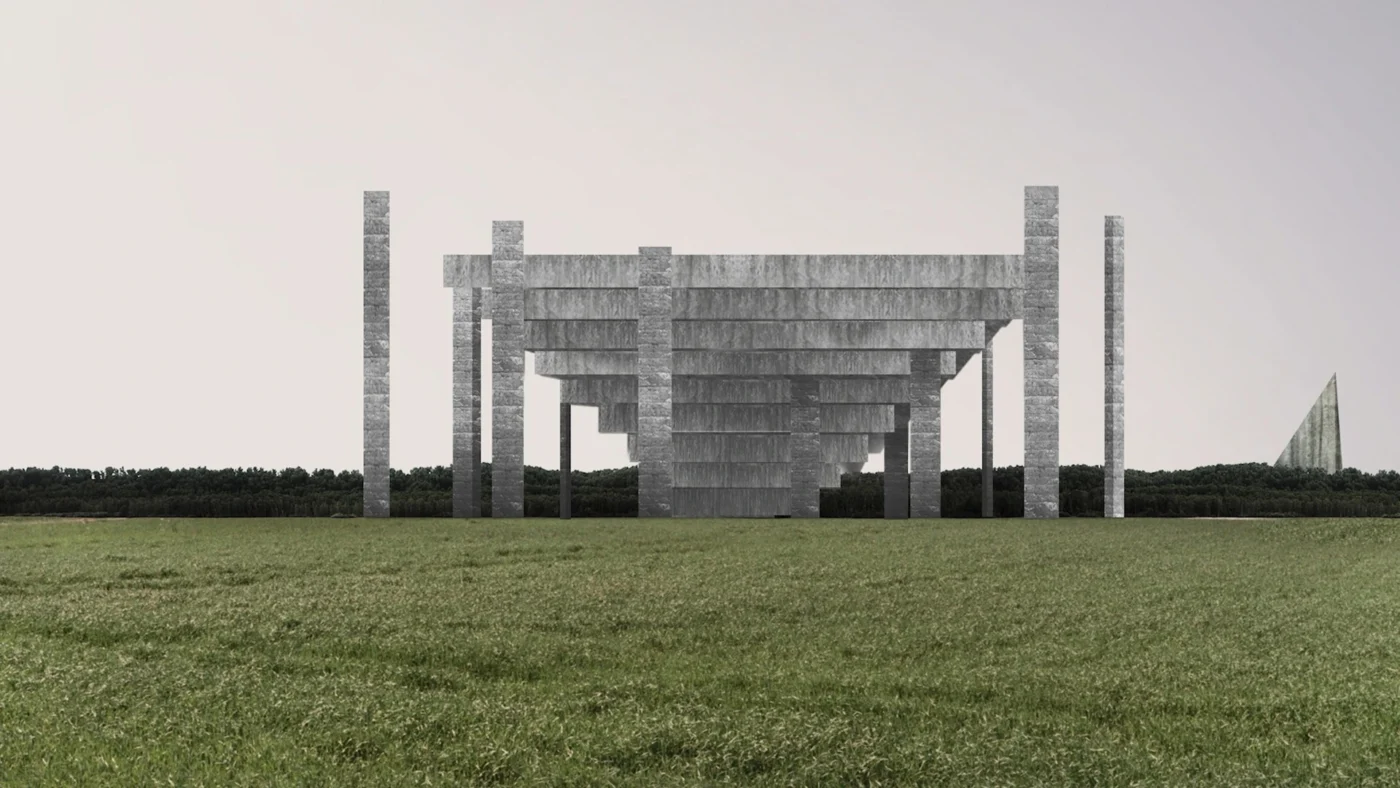 Auf einer Wiese steht eine graue, umgedrehte Pyramide, ringsum sie herum stehen graue Säulen.